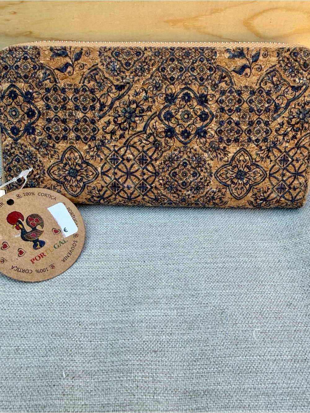 *NEW* Portugal Cork Zip Wallet in Natural Brown with Navy Motif